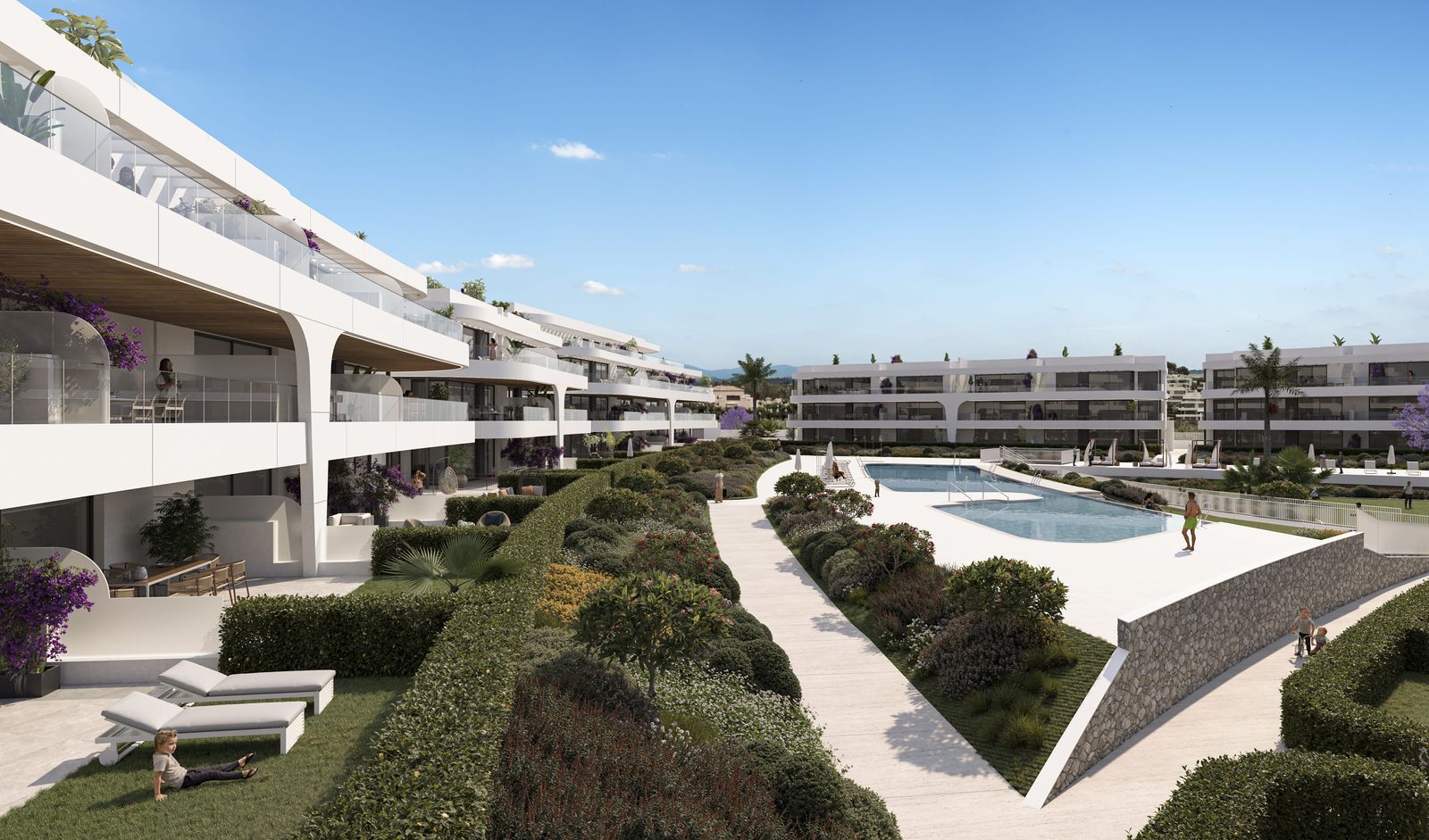 Naya Residences: overzicht van het zwembad en de tuinen.