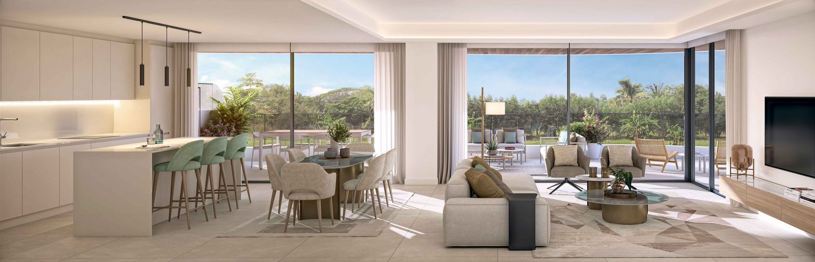 Naya Residences: open woon- en eetkamer met uitzicht op tuin.